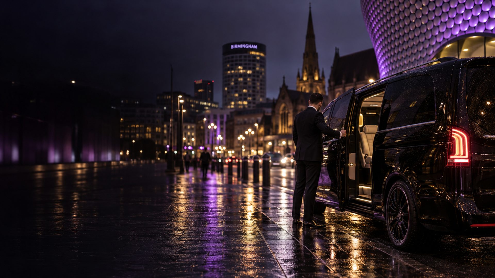 Birmingham city centre at night, a JIG chauffeur opening the door of a black V-Class